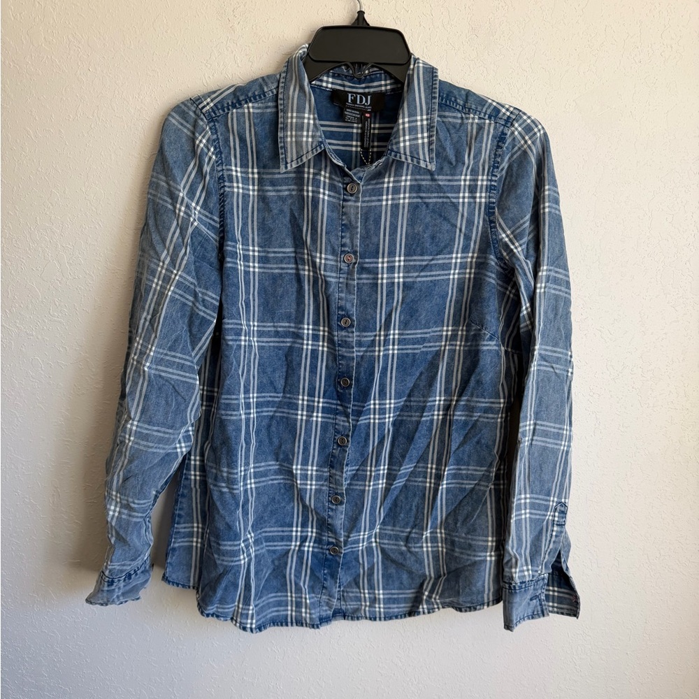 NWT FDJ French Dressing Jeans Blue White Plaid Button Down Blouse Womens 4